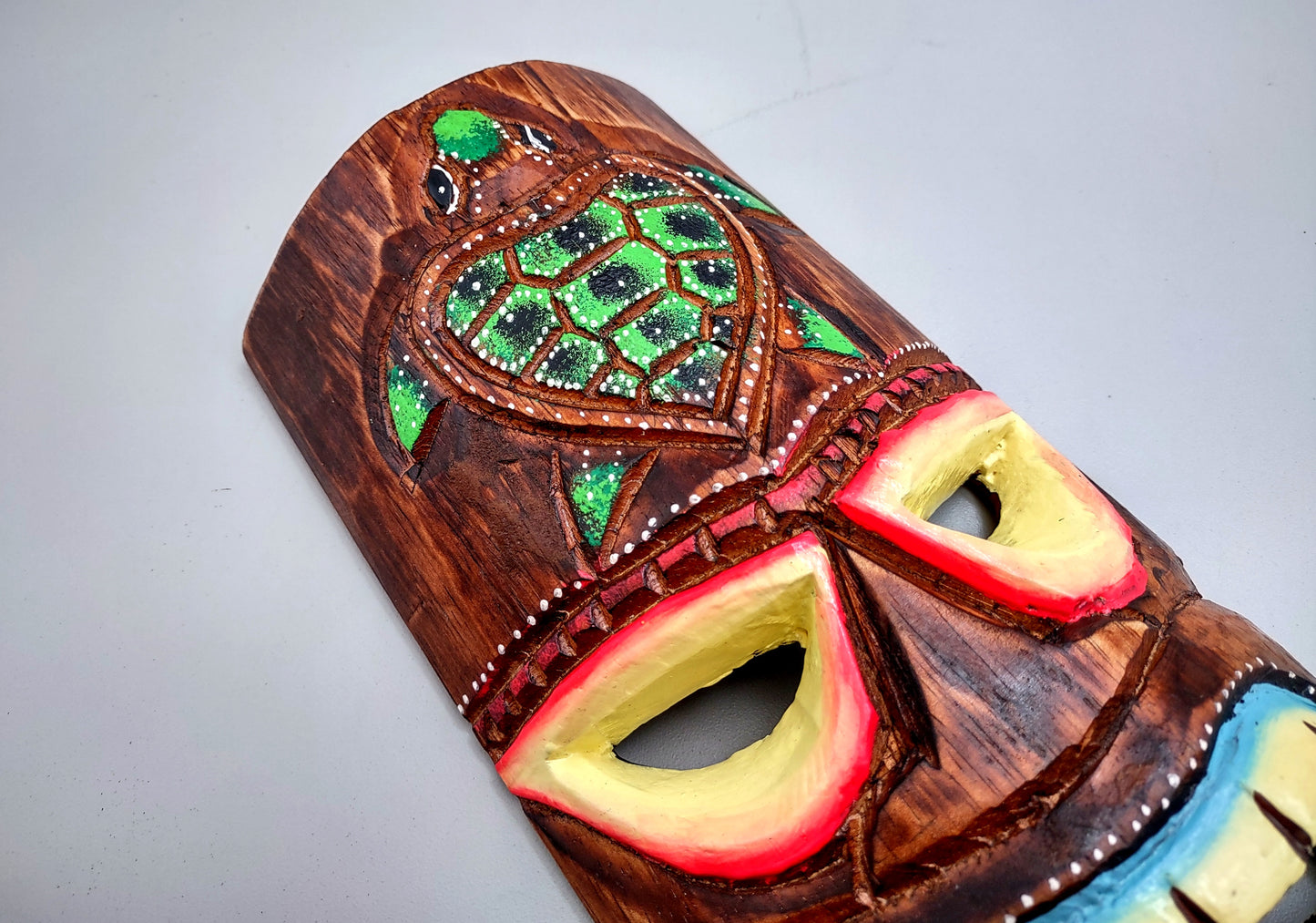 Painted Wooden Turtle Guard Tiki Mask (1 mask approx. 12 inches tall) Tropical colorful wall hanging tiki mask décor!