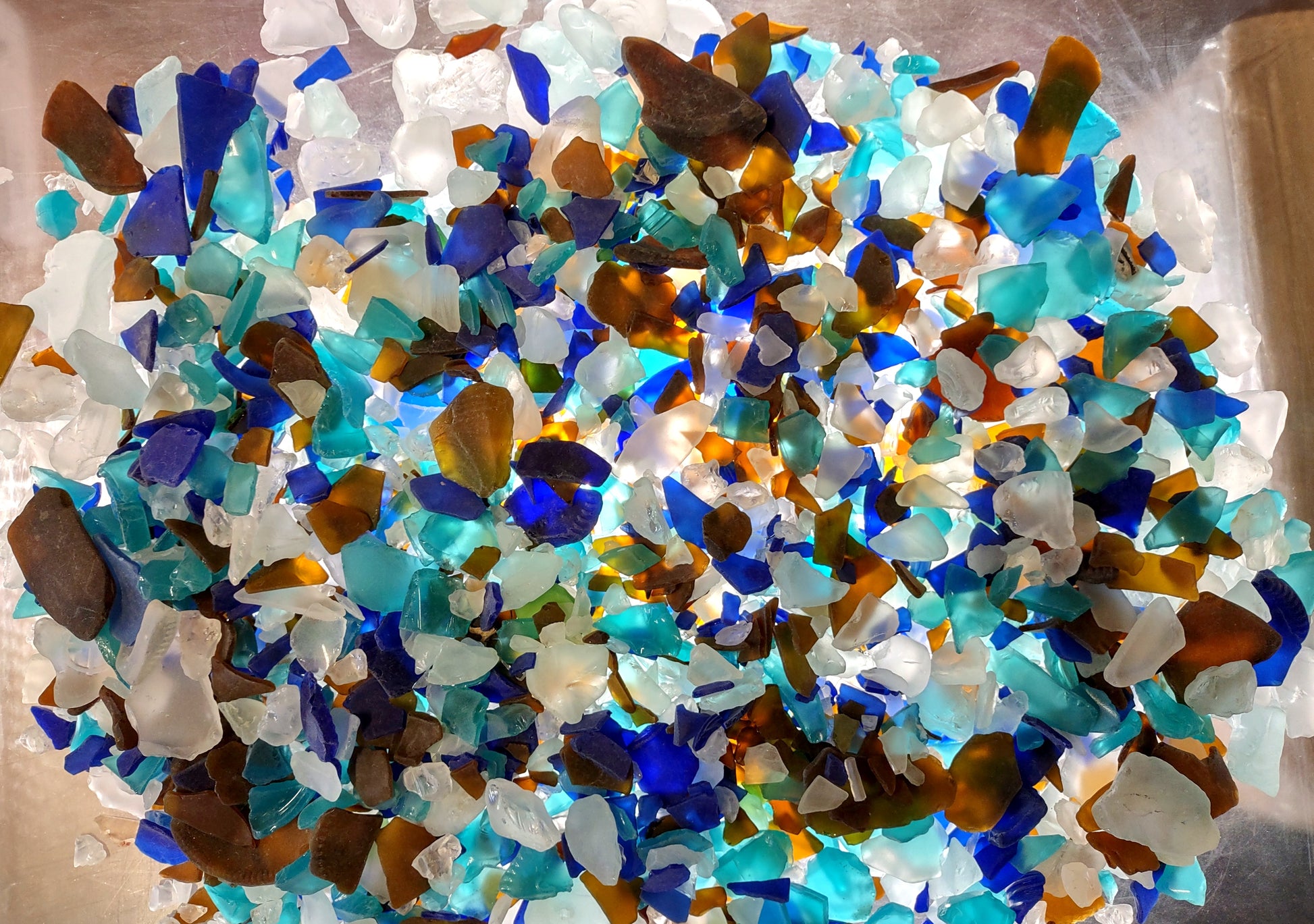 Beach Sea Glass Rough Pacific Mix Medium Tumbled (approx. 10 pounds 0.5-1+ inches) Man made tumbled rough sea glass fragments. Copyright 2024 seashellsupply.com