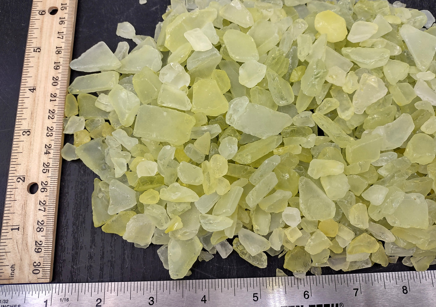 Beach Sea Glass Rough Yellow Green Medium Tumbled (approx. 1 kilogram 0.5-1+ inches) Man made frosted sea glass fragments. Copyright 2024 seashellsupply.com