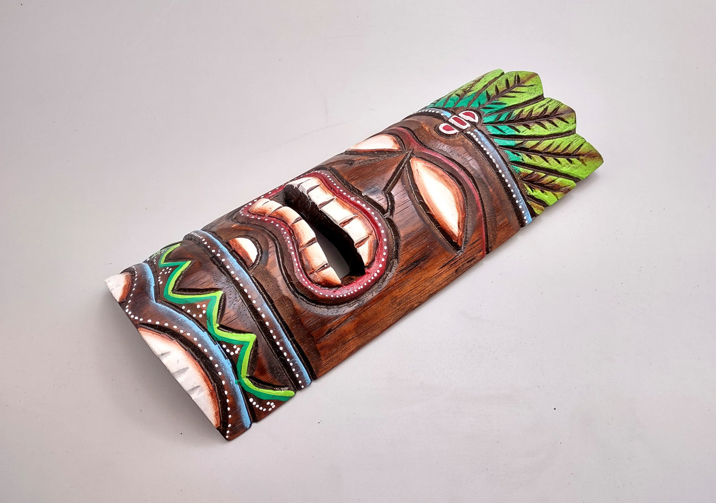 Painted Wooden Palm Crown Tiki Mask (1 mask approx. 12 inch tall) Whimsical tropical colorful wall hanging tiki mask décor!