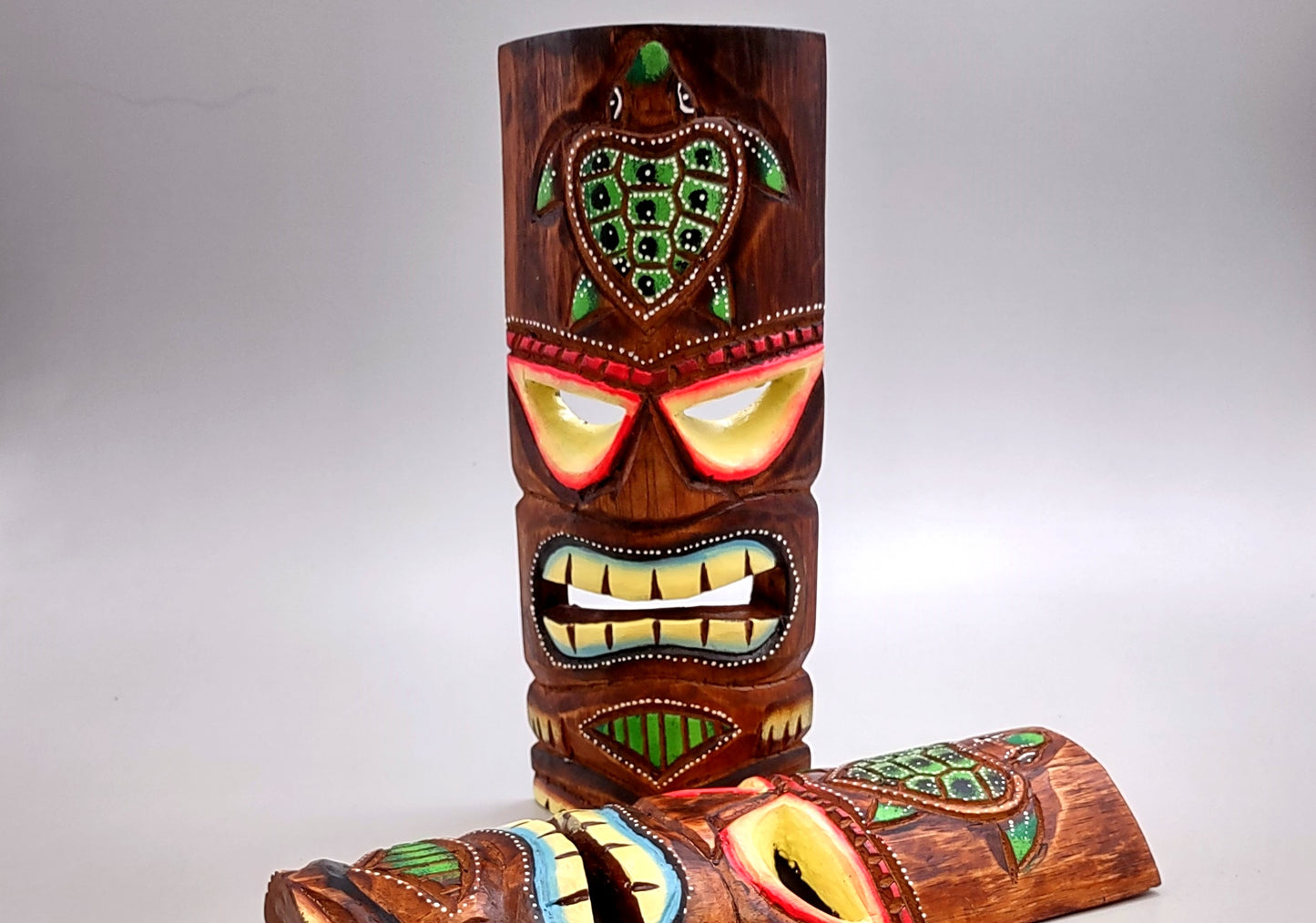 Painted Wooden Turtle Guard Tiki Mask (1 mask approx. 12 inches tall) Tropical colorful wall hanging tiki mask décor!