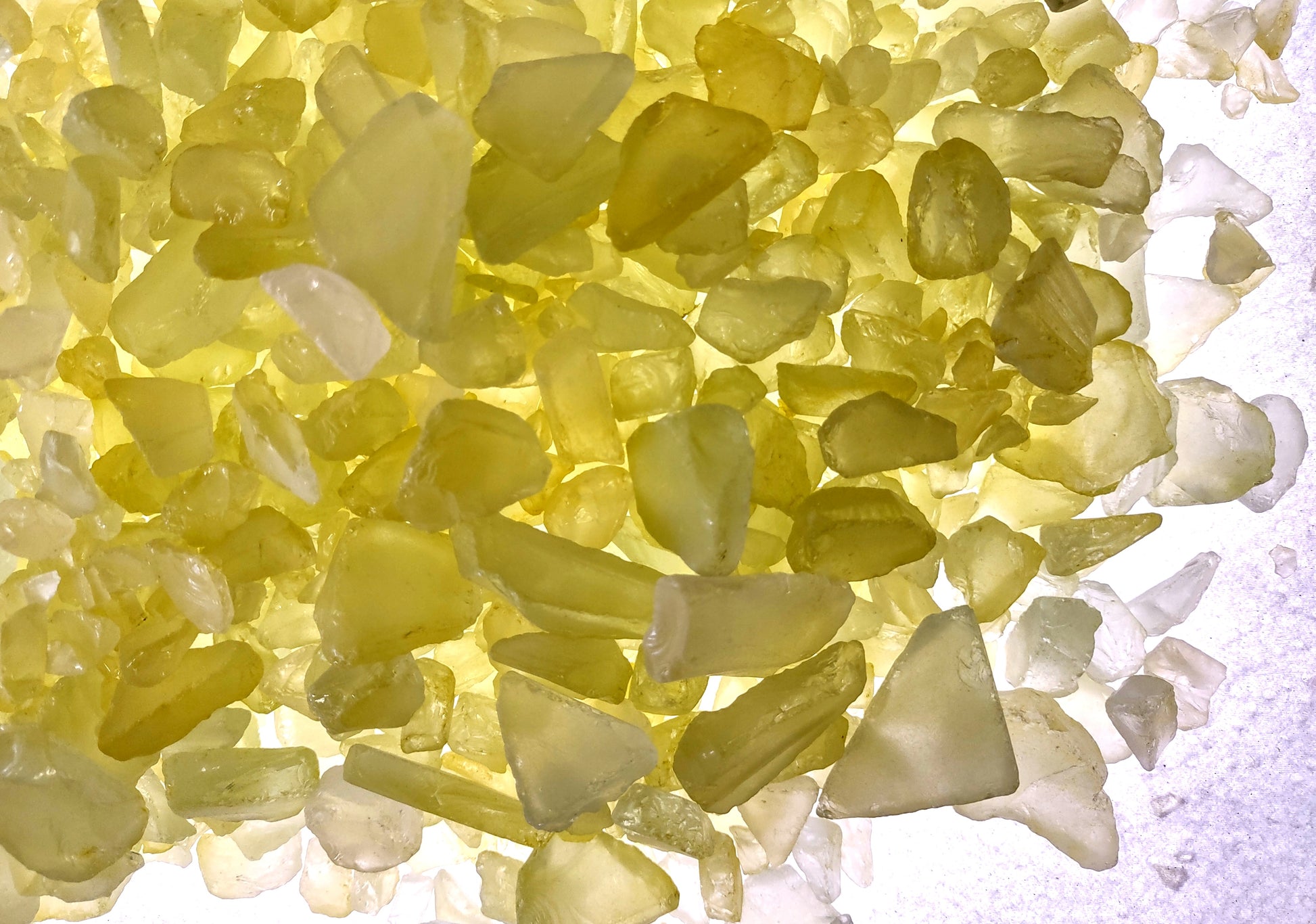 Beach Sea Glass Rough Yellow Green Medium Tumbled (approx. 1 kilogram 0.5-1+ inches) Man made frosted sea glass fragments. Copyright 2024 seashellsupply.com