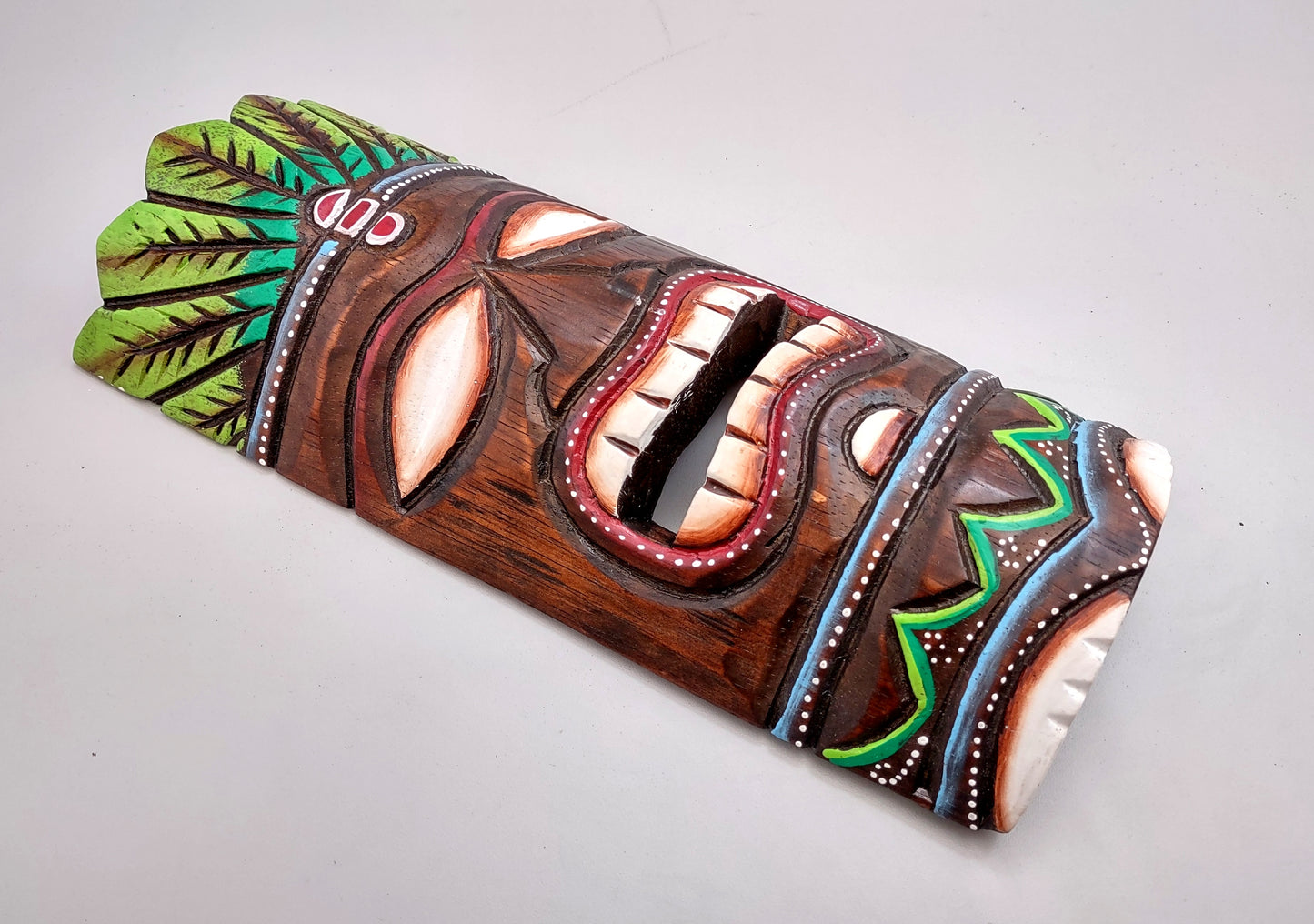 Painted Wooden Palm Crown Tiki Mask (1 mask approx. 12 inch tall) Whimsical tropical colorful wall hanging tiki mask décor!