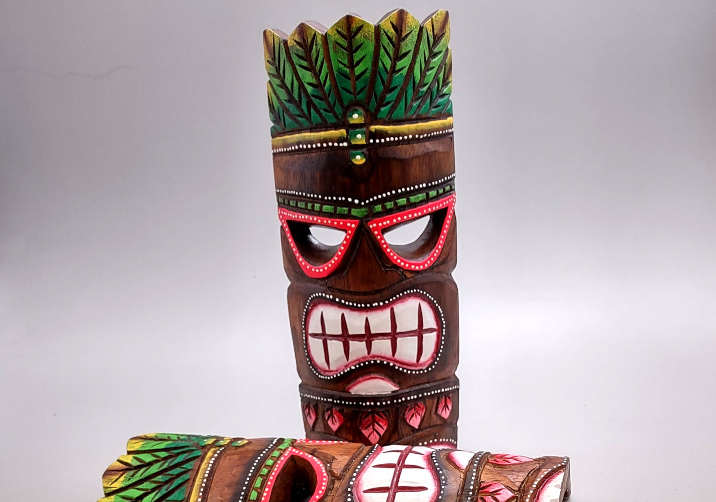 Painted Wooden Palm Crown Tiki Mask (1 mask approx. 12 inches tall) Playful surf side wall hanging tiki mask decoration!