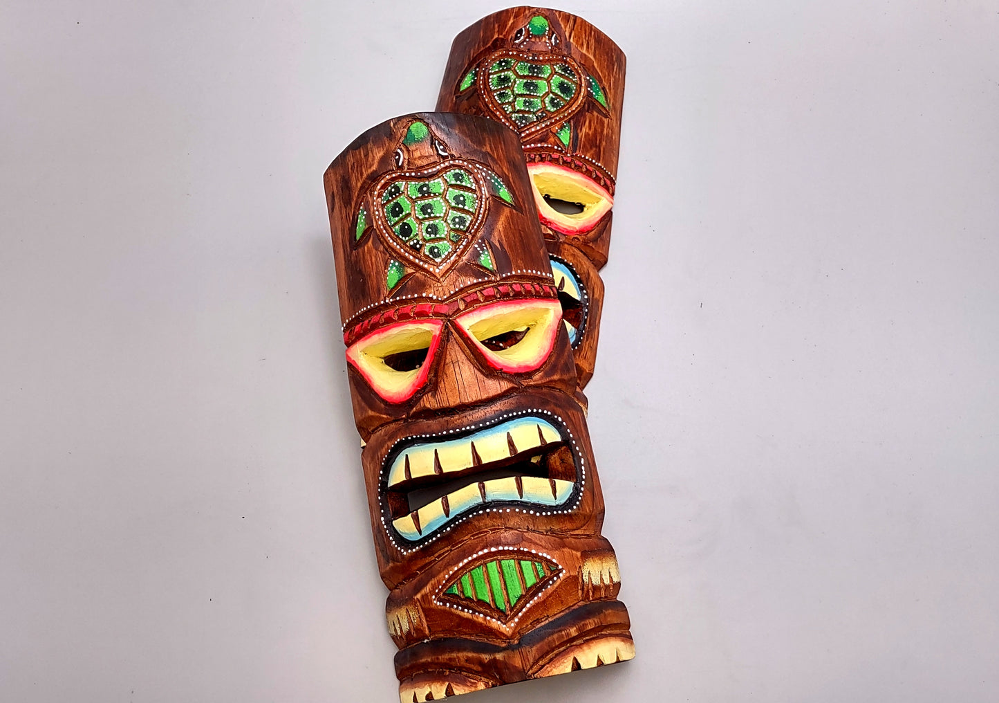 Painted Wooden Turtle Guard Tiki Mask (1 mask approx. 12 inches tall) Tropical colorful wall hanging tiki mask décor!