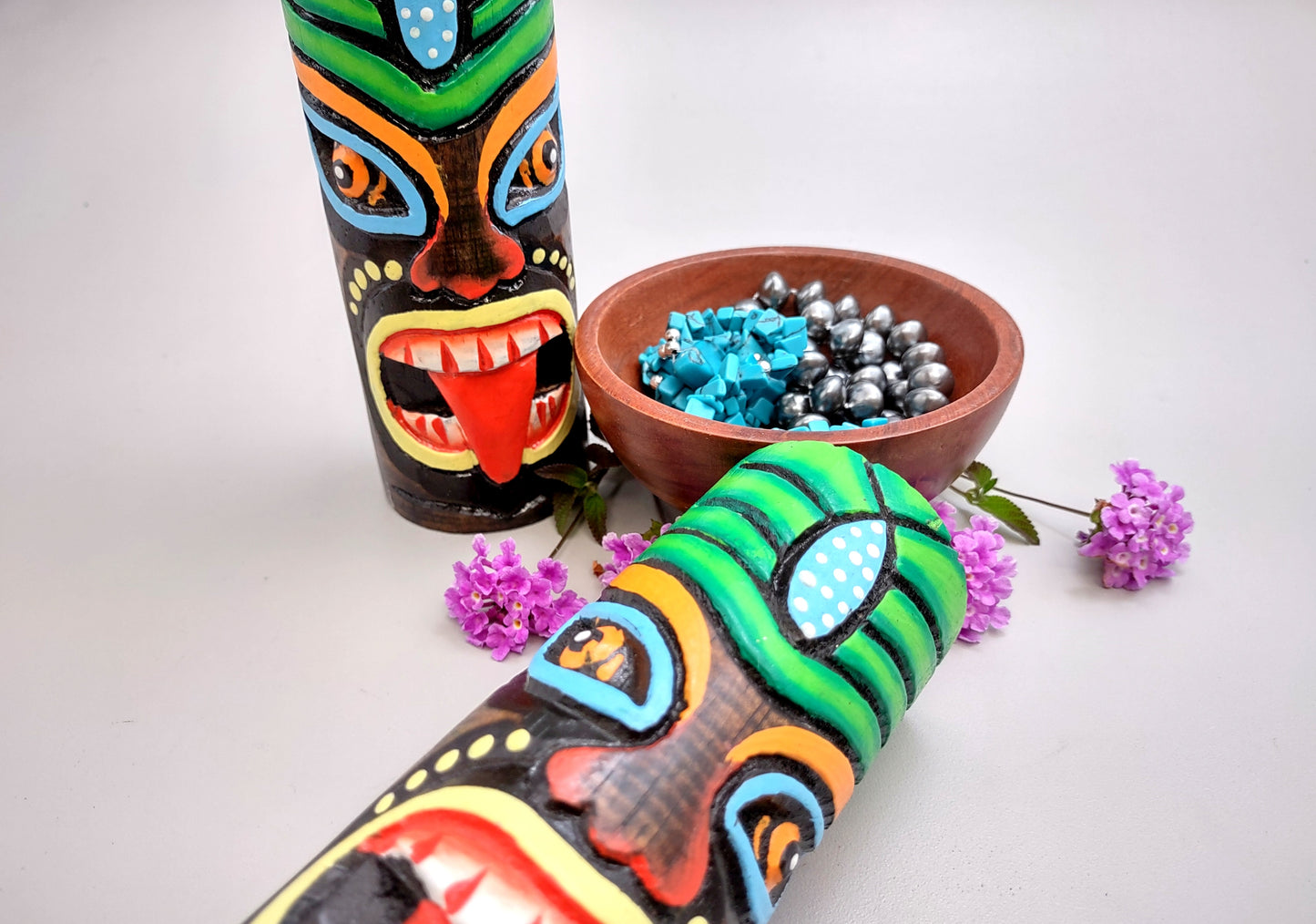 Painted Wooden Tiki Totem Green And Blue (1 pole approx. 6 inches tall) A fun unique touch of colorful Island table décor!