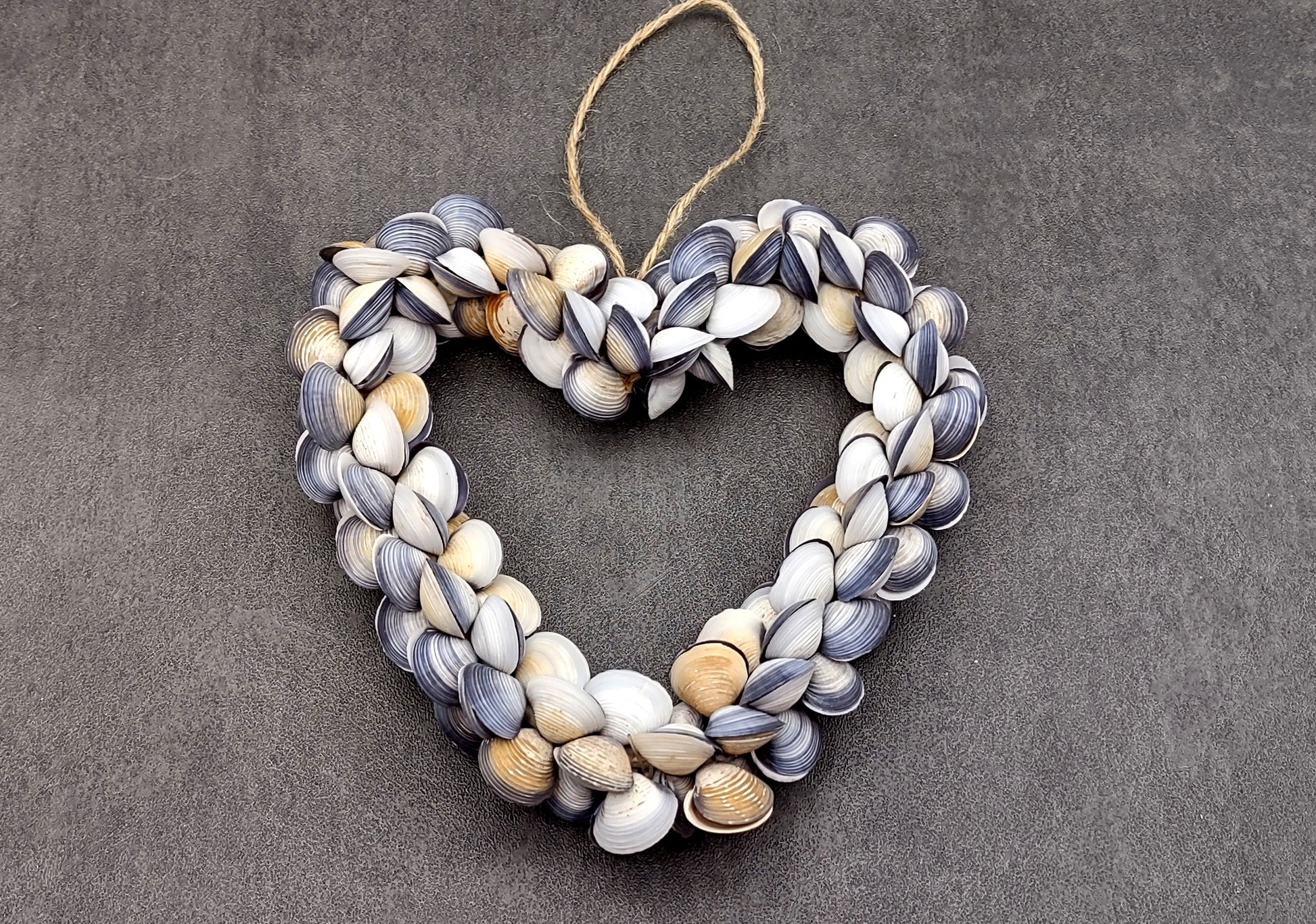 Purple Clam Seashell Heart Wreath Cay Cay Shells (approx. 6+ inch heart 0.75+ inch shells) Nautical Valentine's Day Party Gift Home Décor! Perfect heart ornament or hanging gift for any ocean lover. Copyright 2024 SeaShellMart.com