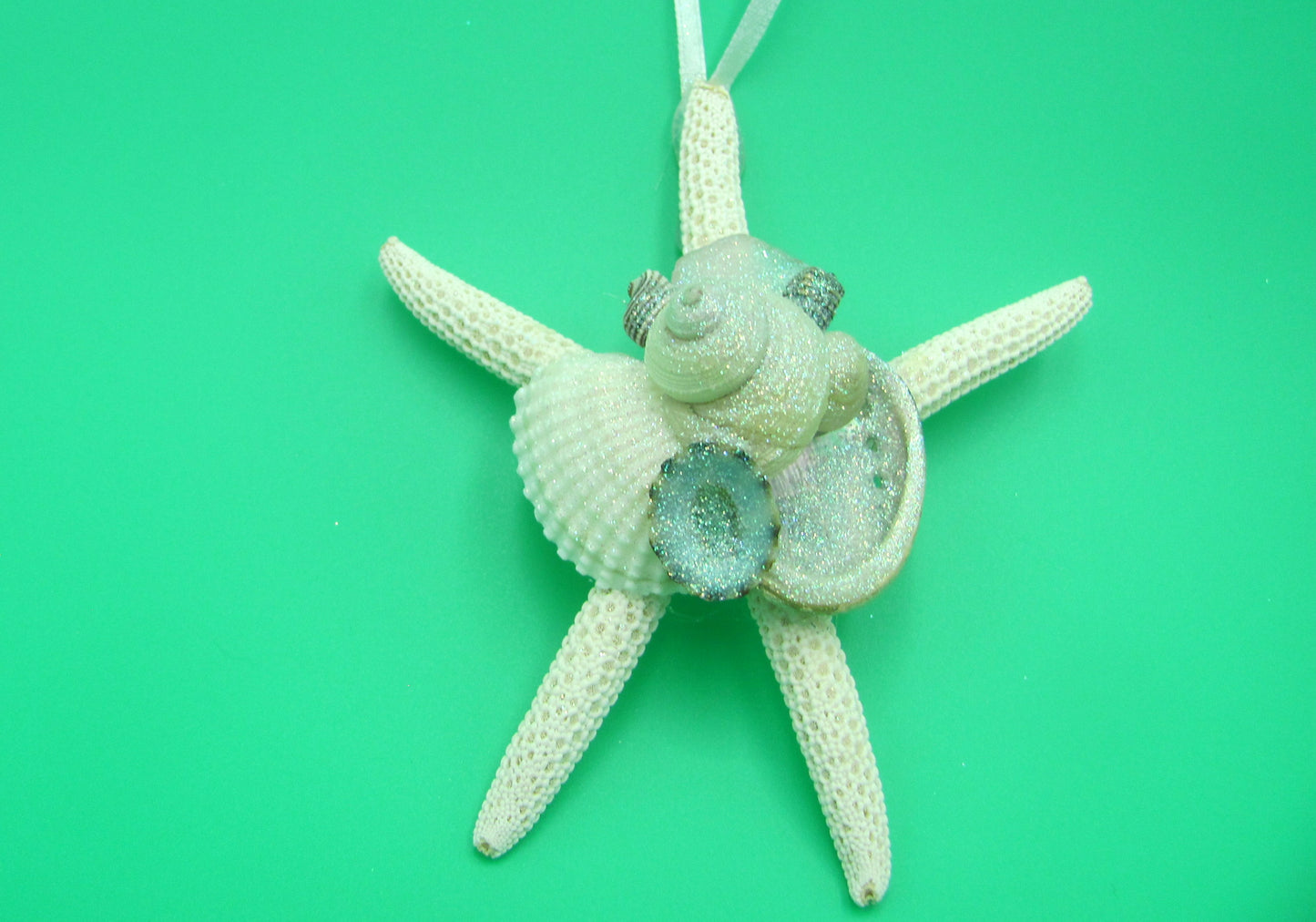 Frosted Seaglass Linckia Starfish Ornament (1 seastar approx. 4-6 inches) on green background. Copyright 2022 SeaShellSupply.com.